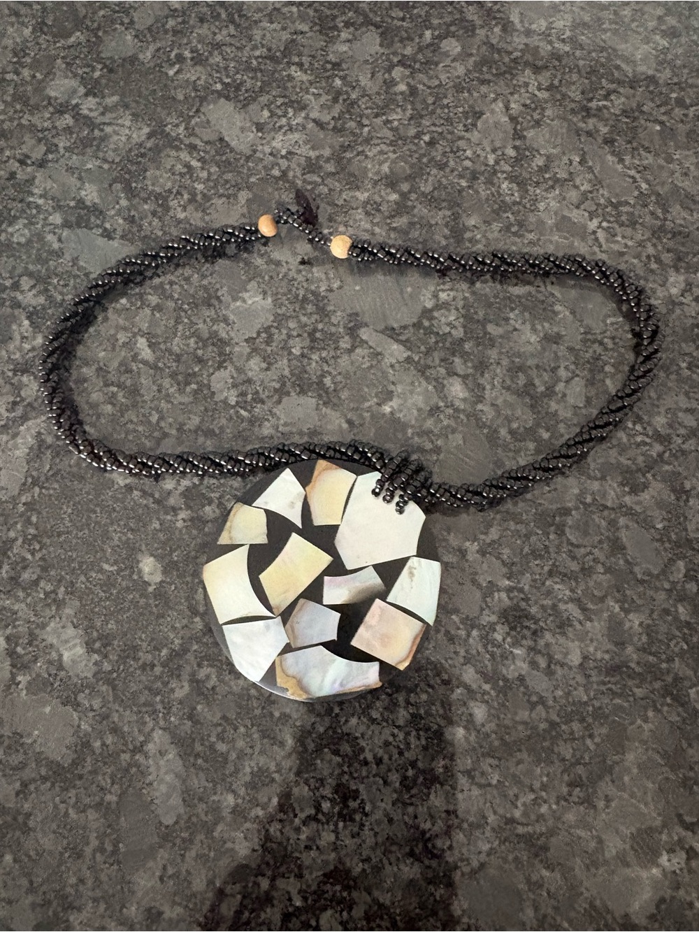 Black Beaded Necklace with Iridescent Mosaic Pendant